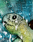 Intricate detailing of a hand-painted sea turtle on a fused glass round panel. 