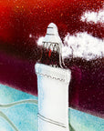 Close up of a lighthouse with a sunset sky on a fused glass panel, with soaring seagulls. 