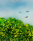 Details of fused glass round panel, inspired by the Nearly Home Trees in Devon, designed in bright summer greens. Panel includes hand-painted birds and texture.