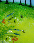 Close up of hand-painted bees and flowers on a fused glass round panel, inspired by the Nearly Home Trees in Devon, designed in bright summer greens. 