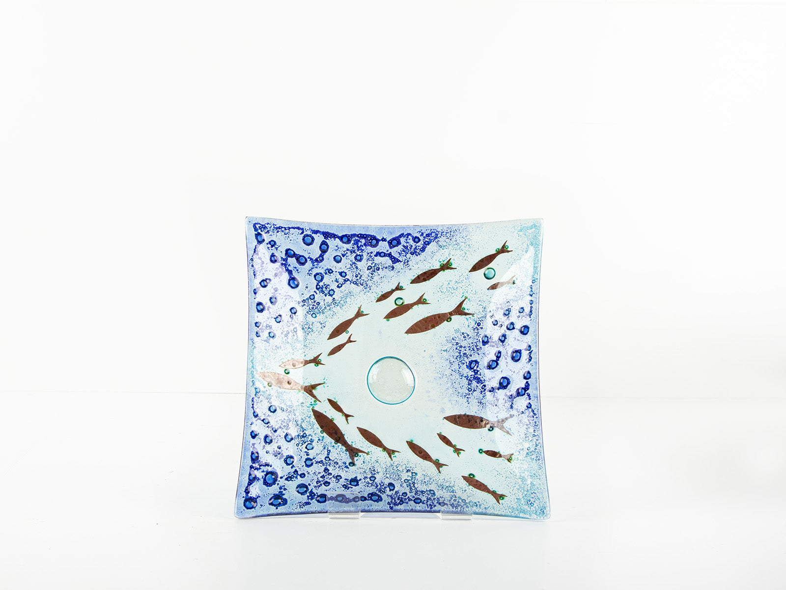 Fused glass square dish, handmade in coastal blues, with copper fish. 