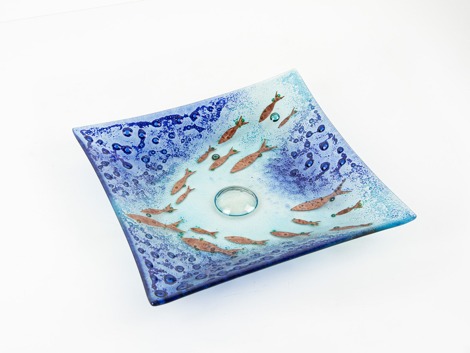Fused glass square dish, handmade in coastal blues, with copper fish. 
