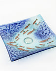 Fused glass square dish, handmade in coastal blues, with copper fish. 