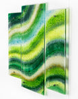 Fused glass triptych handmade with sea green hues and organic detail. An ocean inspired wall art piece. 
