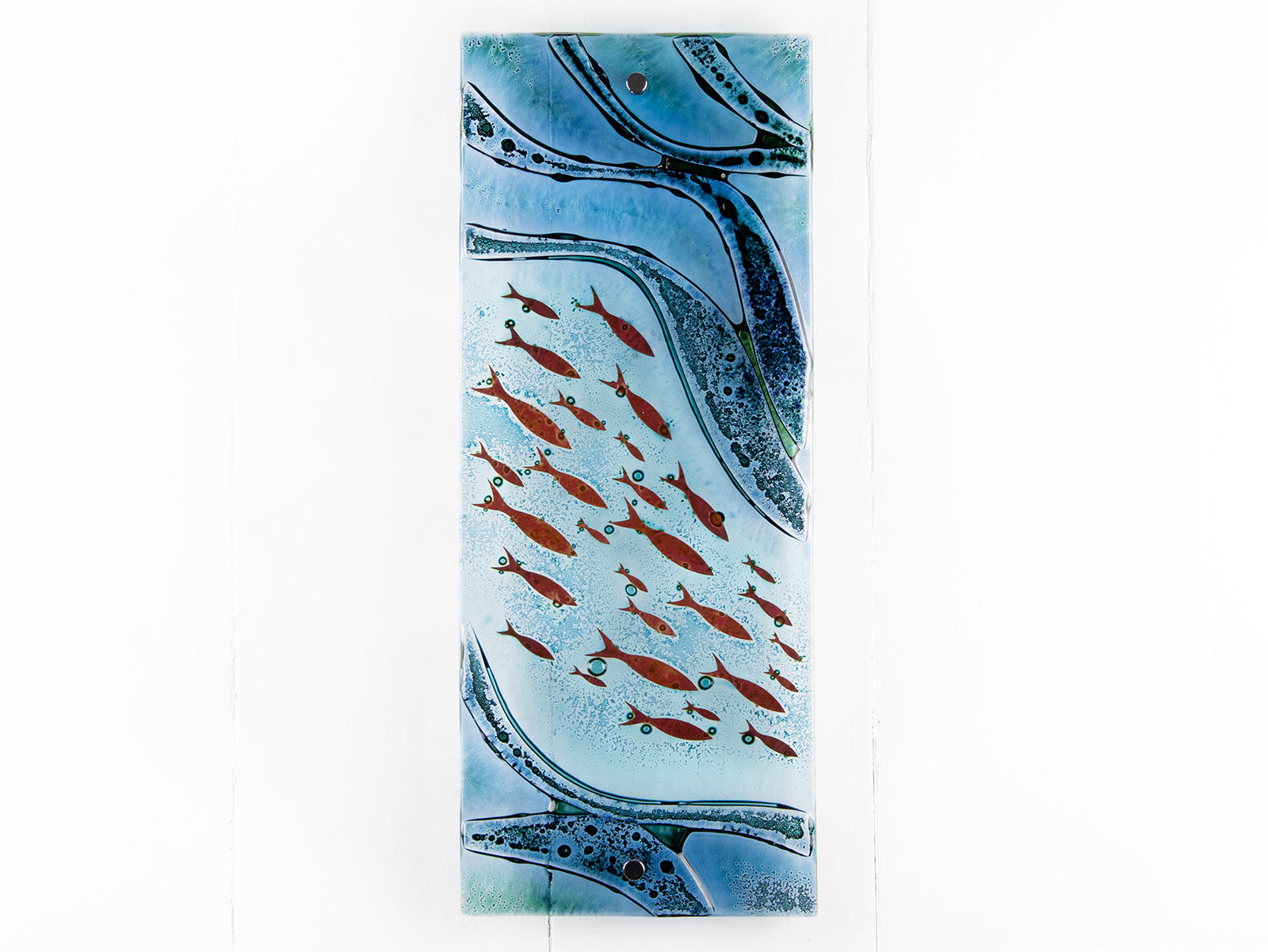 Fused glass wall panel, designed with copper fish and marine blue hues.