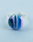 Details of fused glass pendant sterling silver ring, handmade in coastal blues. 