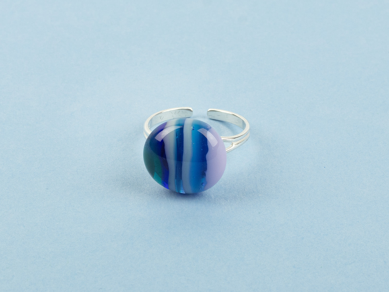 Fused glass pendant sterling silver ring, handmade in coastal blues. 