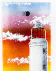 Handmade wall panel featuring a lighthouse with bright sunset colours. Gorgeous Artisan wall art piece, designed in Cornwall. 