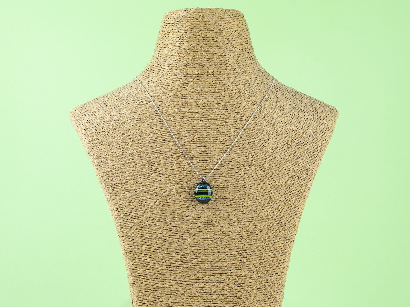 Fused glass pendant necklace, handmade with spring greens. Stunning jewellery with sterling silver chain. 