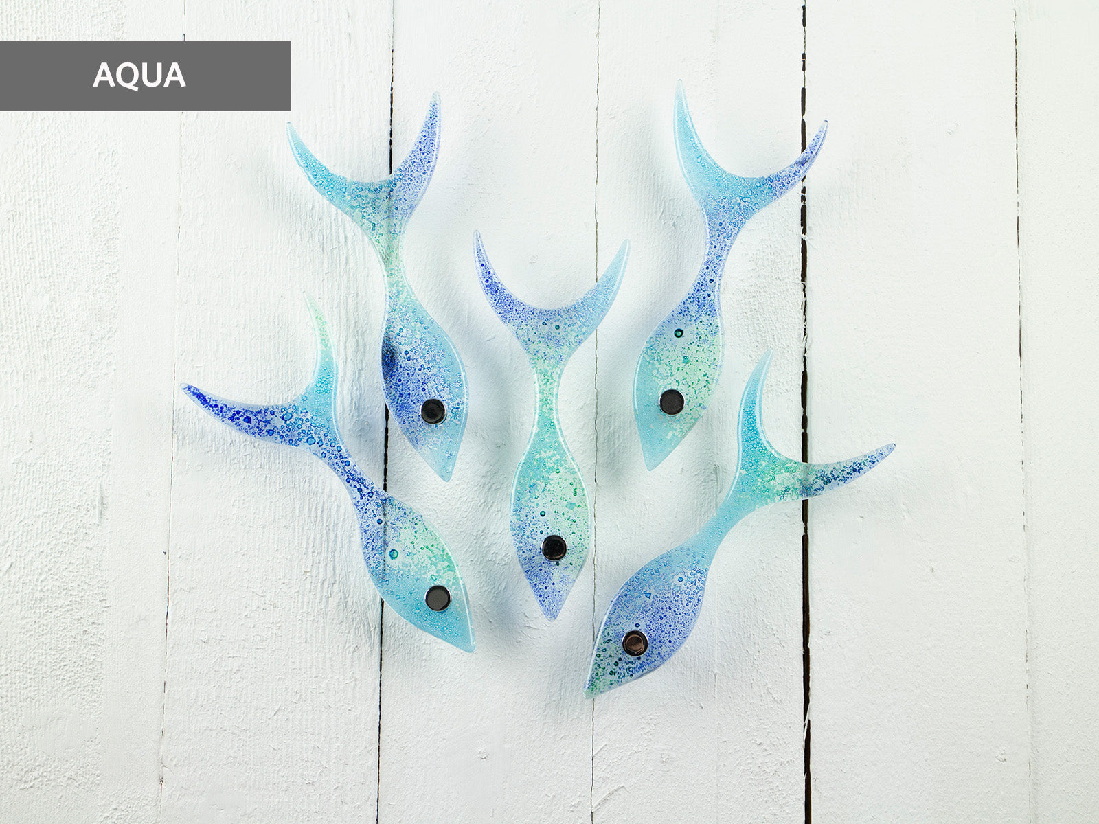Decorative fused glass fish wall art in aqua and blue