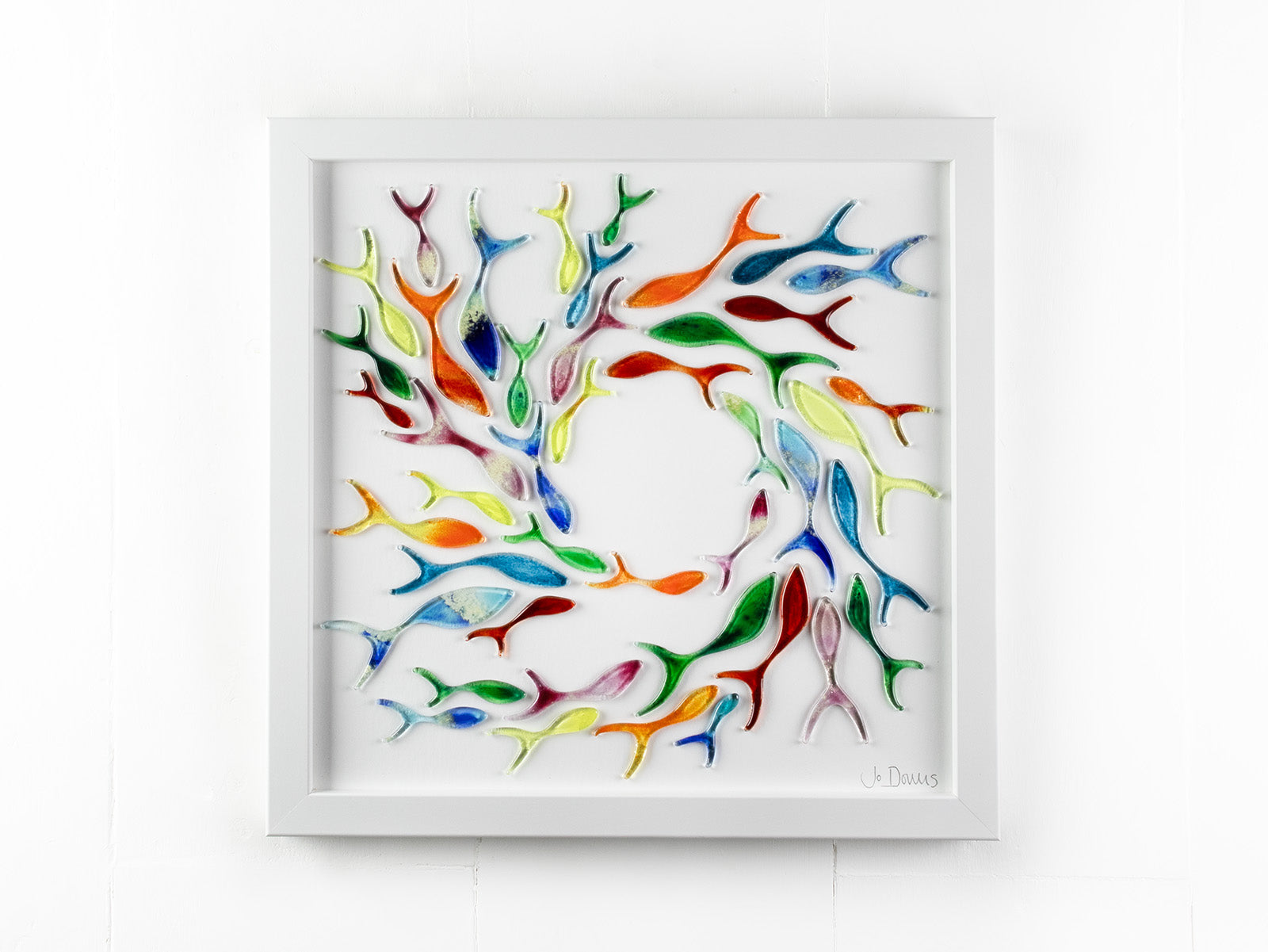 Ocean inspired art frame, made from fused glass, in rainbow colours. Hand-made in Cornwall, Launceston. 