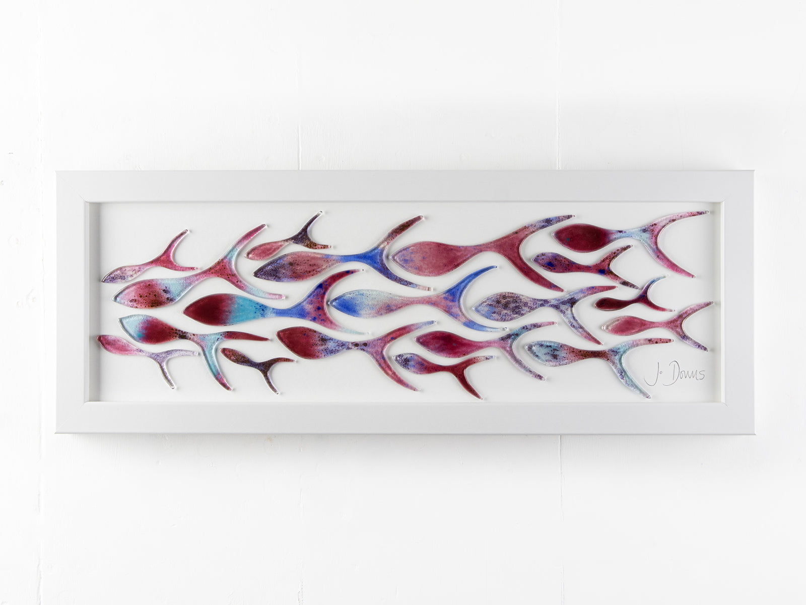 Ocean inspired art frame, made from fused glass with bright pinks. Hand-made in Cornwall. 