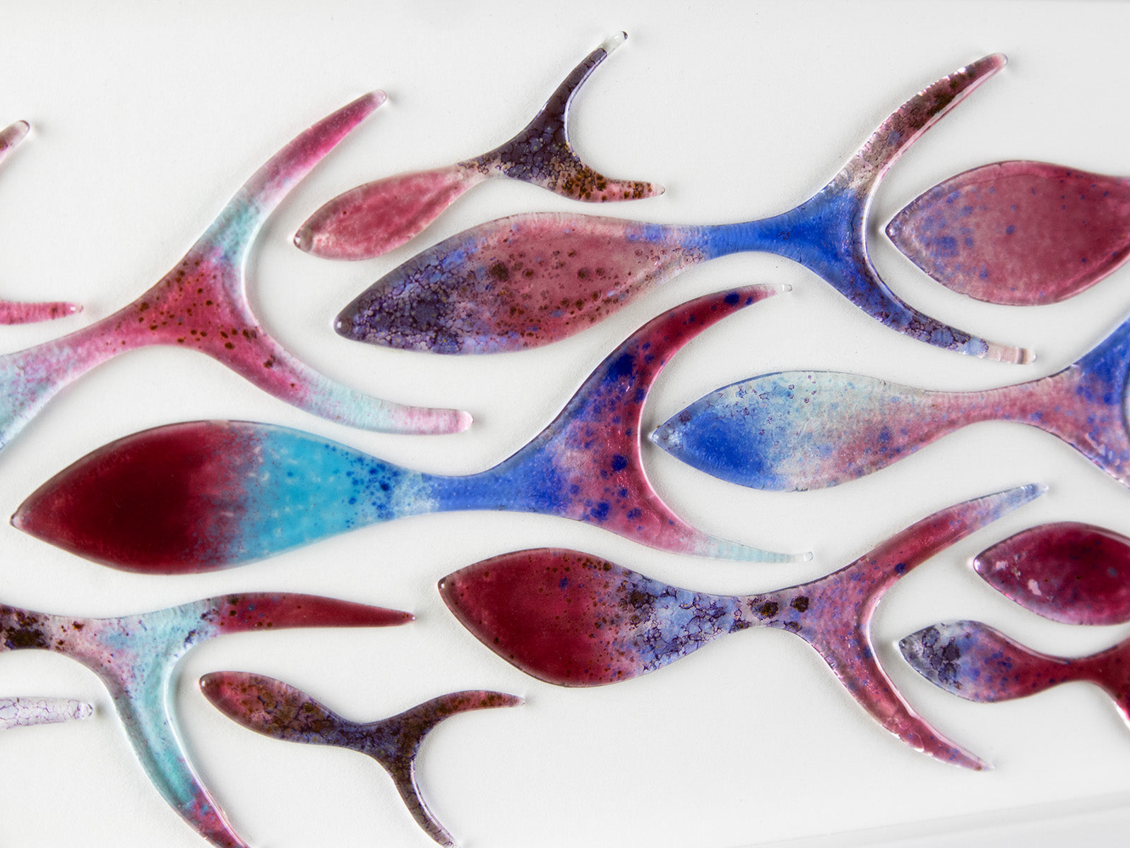 Ocean inspired art frame, made from fused glass with bright pinks. Hand-made in Cornwall. 