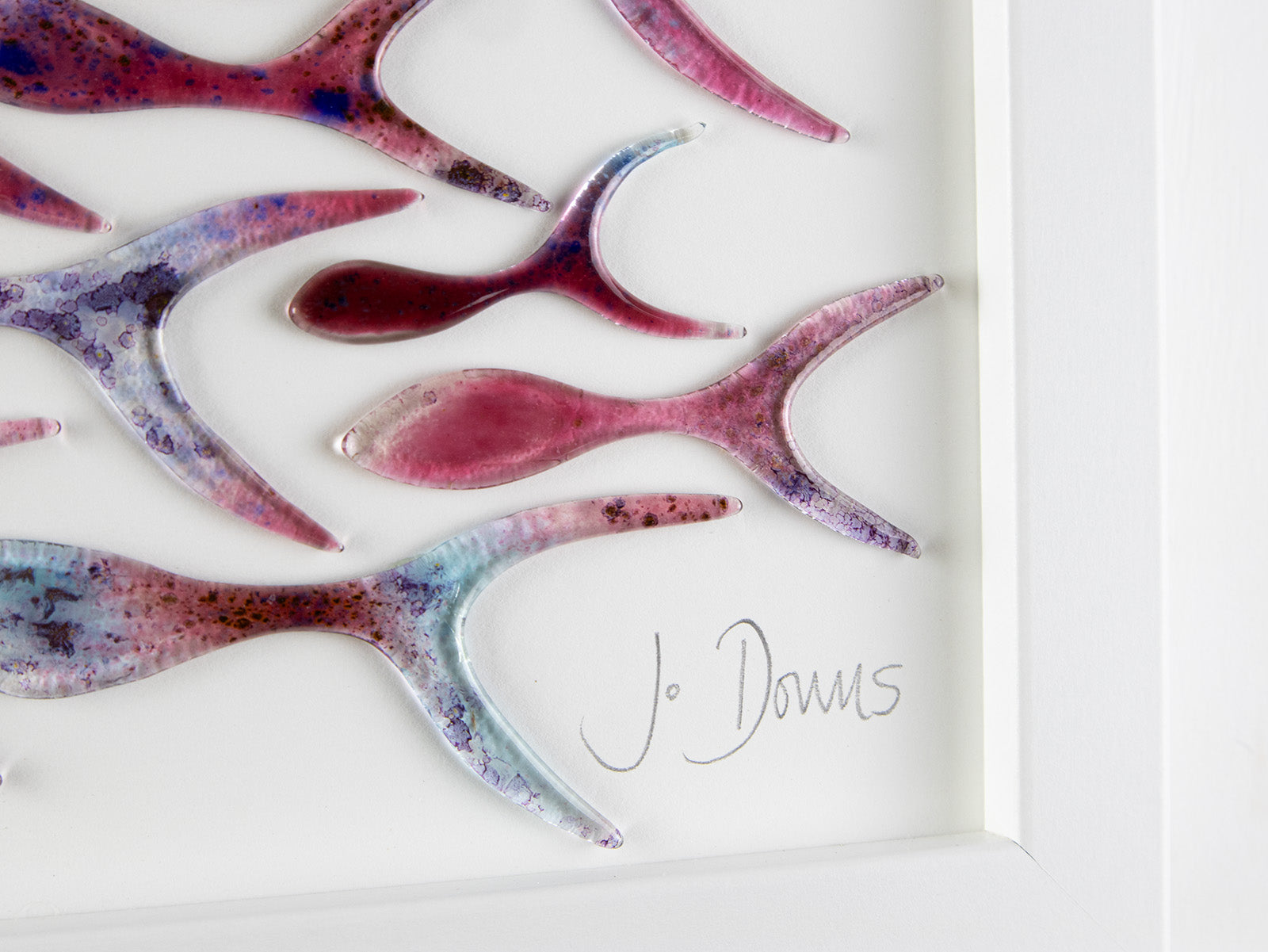 Ocean inspired art frame, made from fused glass with bright pinks. Hand-made in Cornwall. 