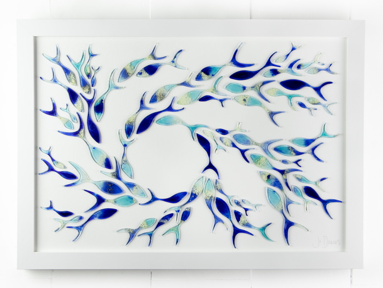 Ocean inspired art frame, made with fused glass fish in marine blue colours. Hand-made in Cornwall, Launceston. 