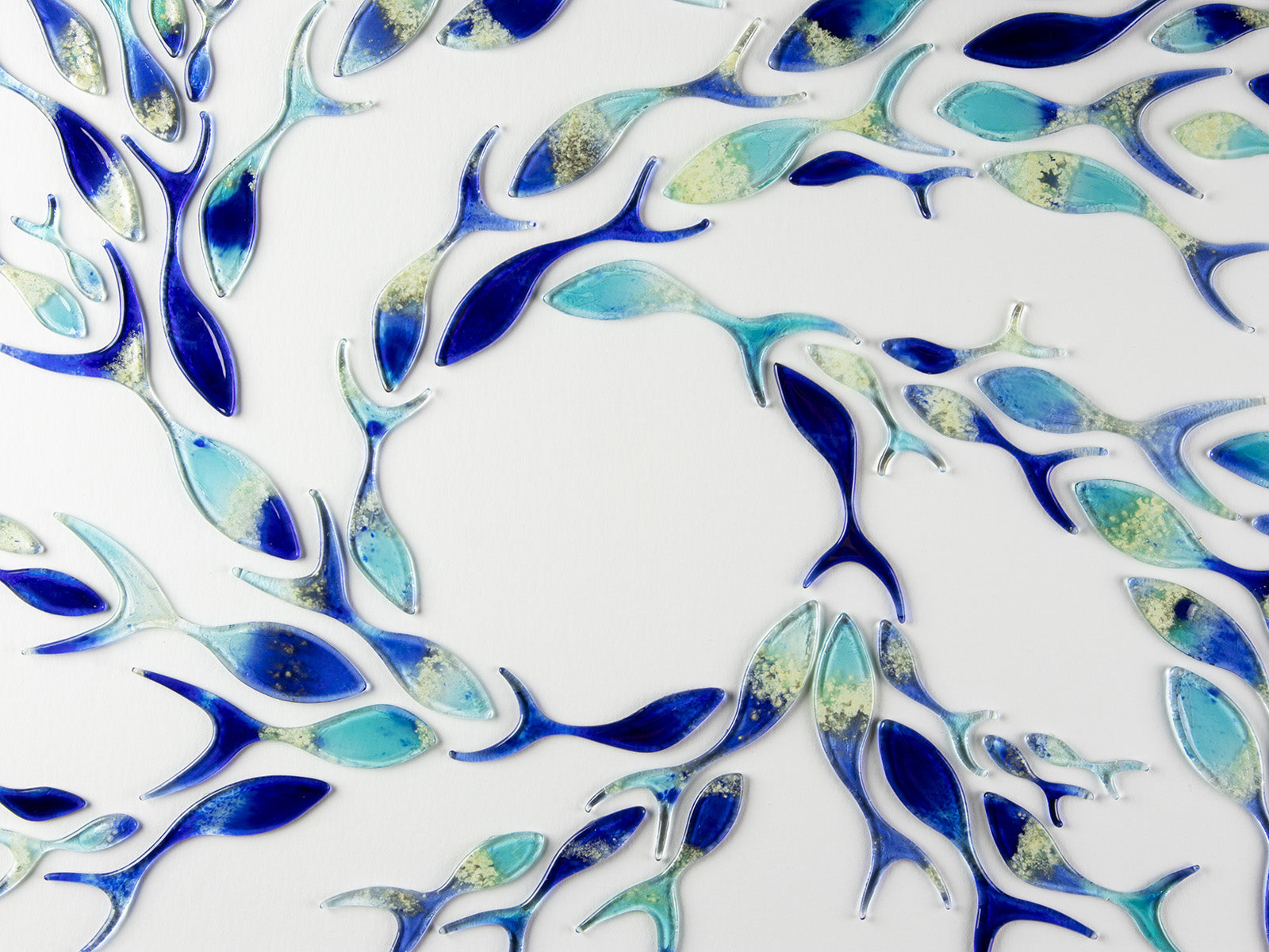 Ocean inspired art frame, made with fused glass fish in marine blue colours. Hand-made in Cornwall, Launceston. 