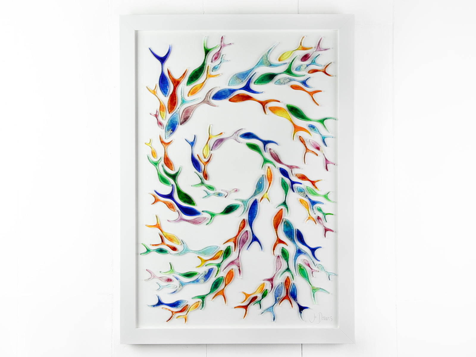 Ocean inspired art frame, made from fused glass, in rainbow colours. Hand-made in Cornwall. 