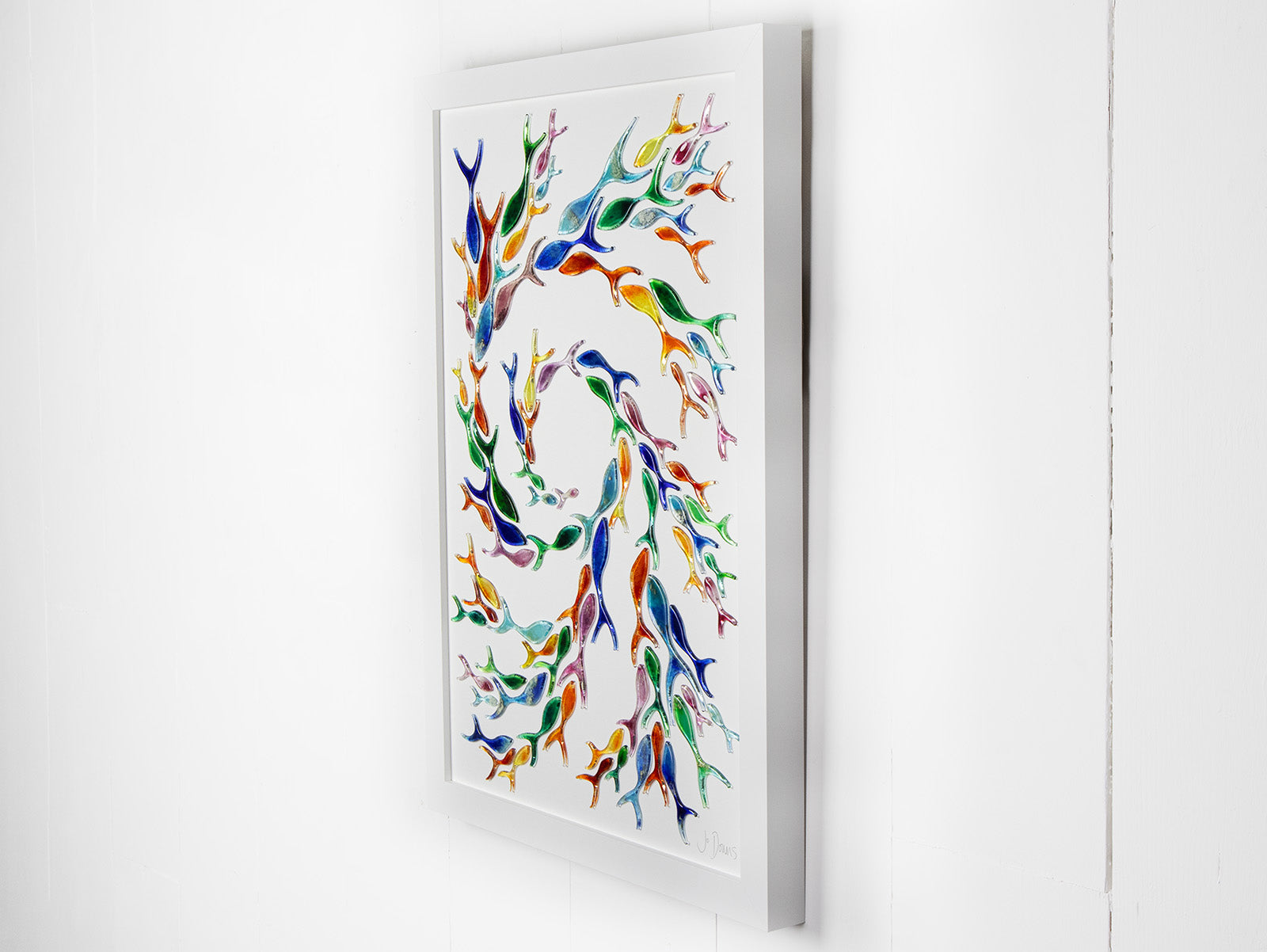 Ocean inspired art frame, made from fused glass, in rainbow colours. Hand-made in Cornwall. 