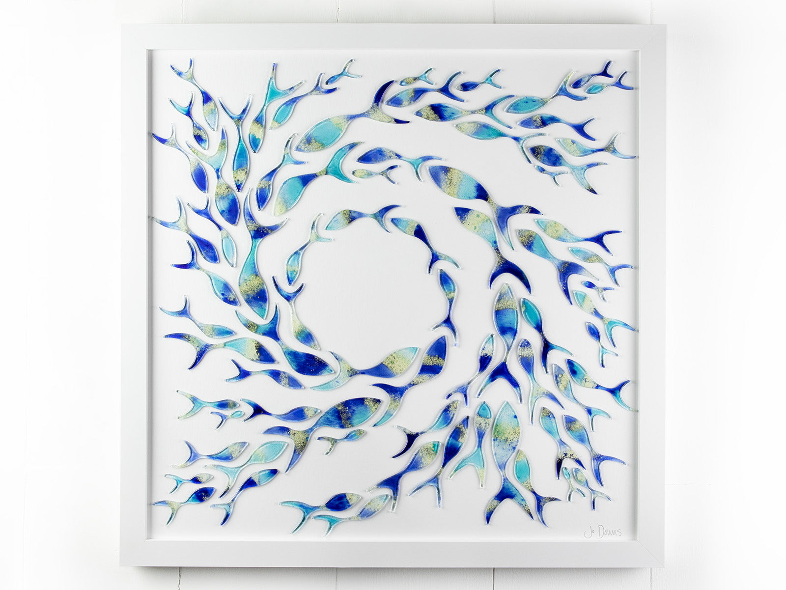 Ocean inspired art frame with fused glass fish in marine blue colours. Hand-made in Cornwall, Launceston. 
