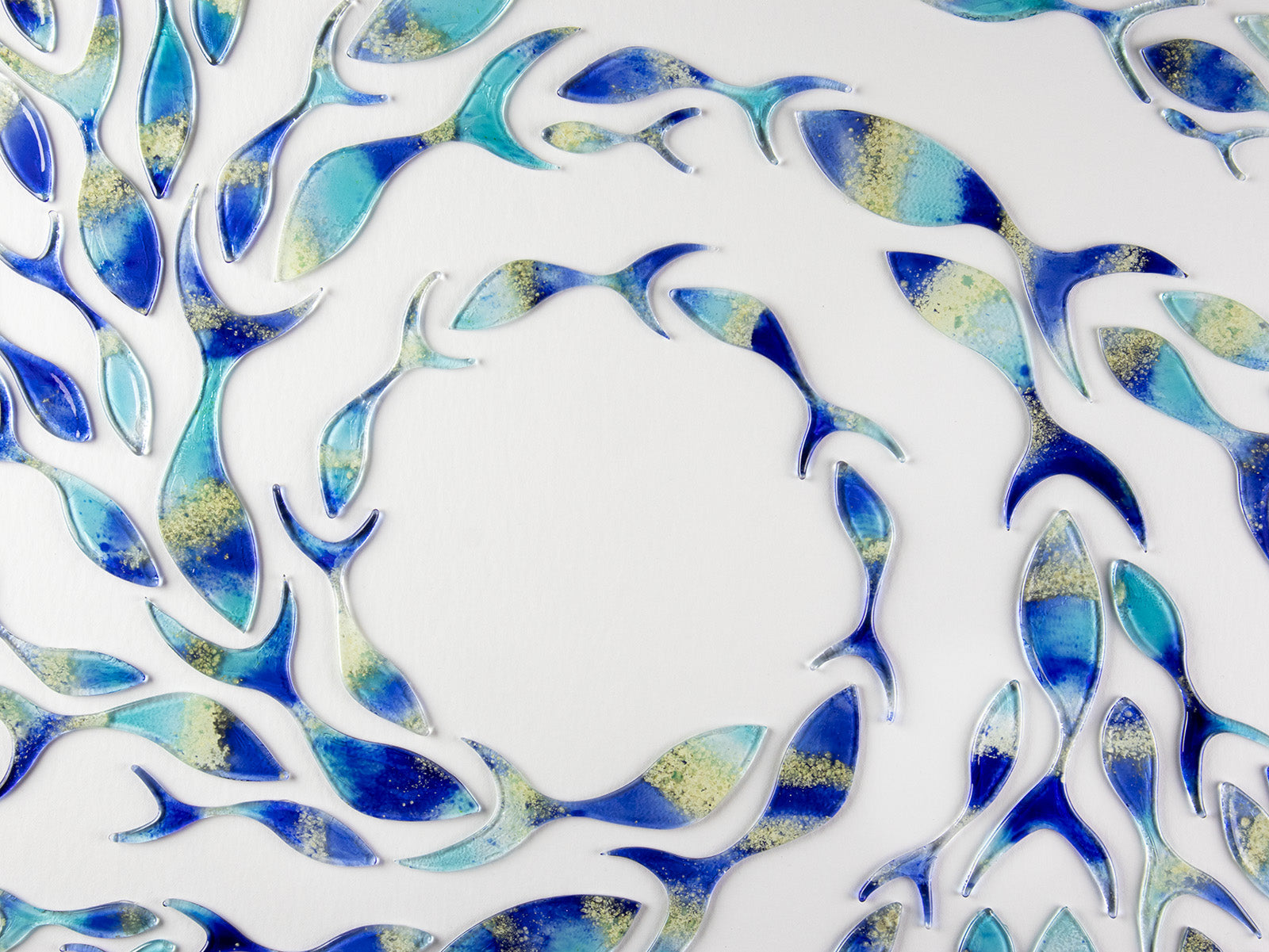 Ocean inspired art frame with fused glass fish in marine blue colours. Hand-made in Cornwall, Launceston. 