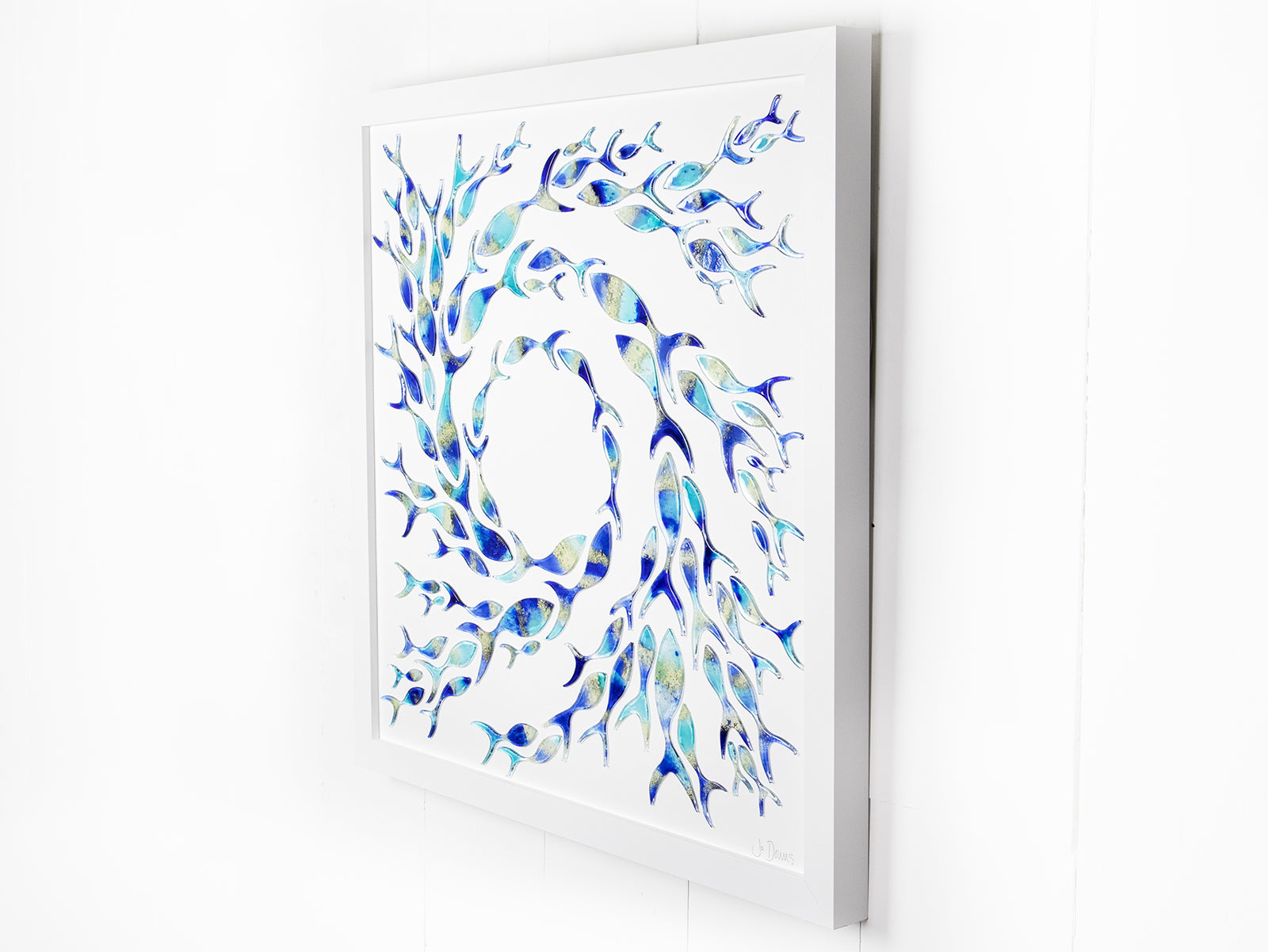 Ocean inspired art frame with fused glass fish in marine blue colours. Hand-made in Cornwall, Launceston. 