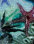Close up of dark pink starfish on a fused glass extra large art frame, ocean reef inspired with coastal colours and texture.