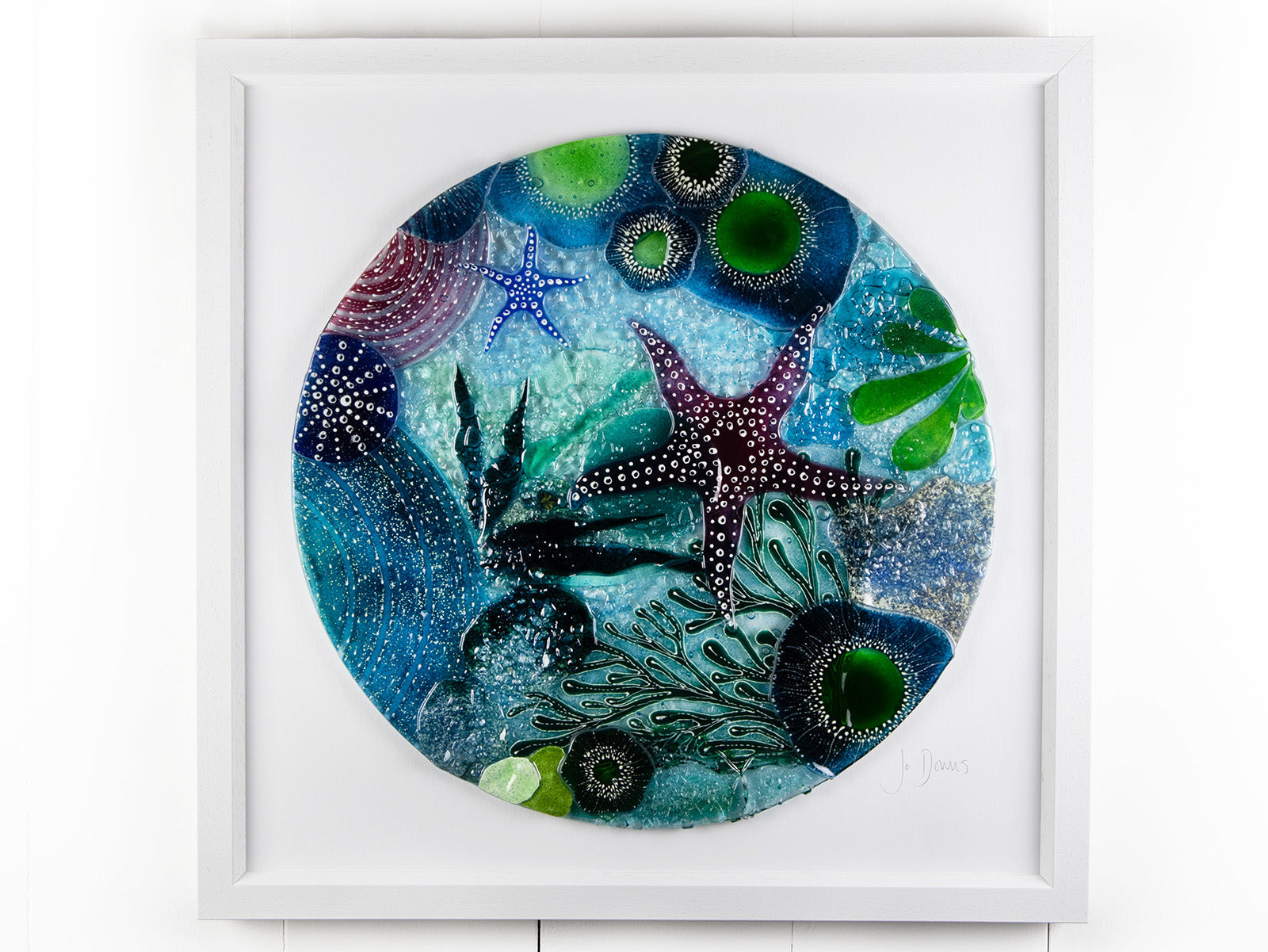 Fused glass extra large art frame, ocean reef inspired with coastal colours and a starfish. 
