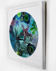 Side image of a fused glass extra large art frame, ocean reef inspired with coastal colours and texture.