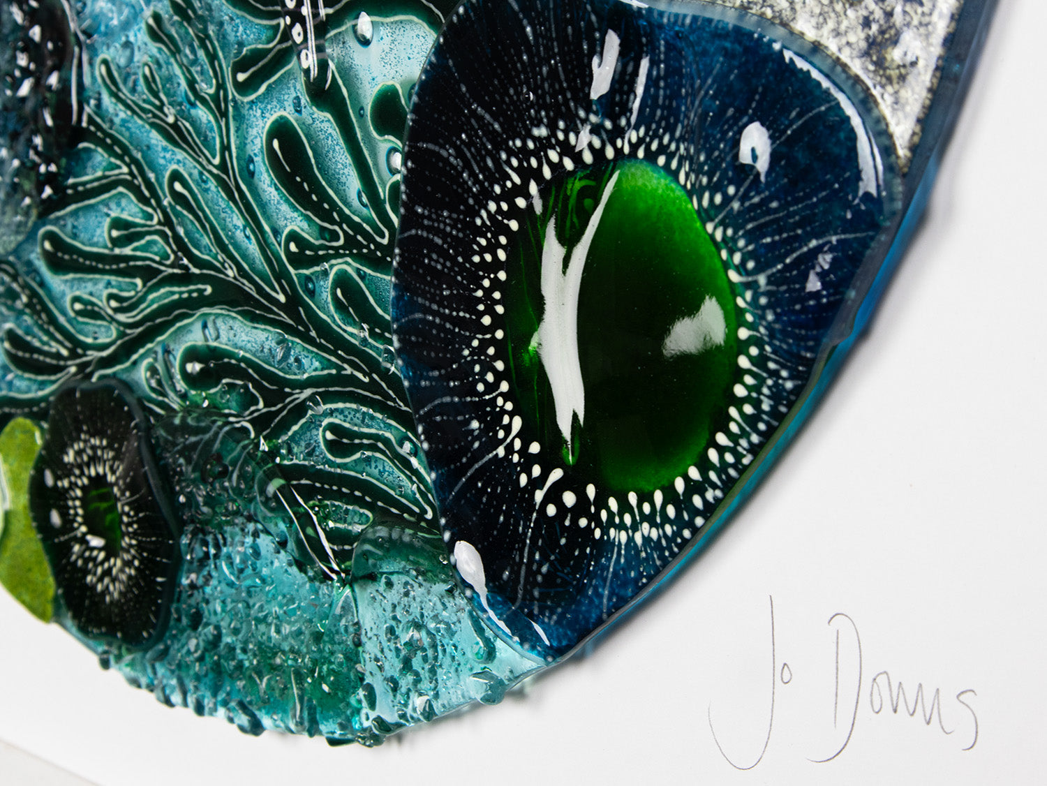 Jo Downs signature on a fused glass extra large art frame, ocean reef inspired with coastal colours and texture.