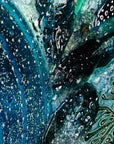 Super close up of the textural detail  on a fused glass extra large art frame, ocean reef inspired with coastal colours.