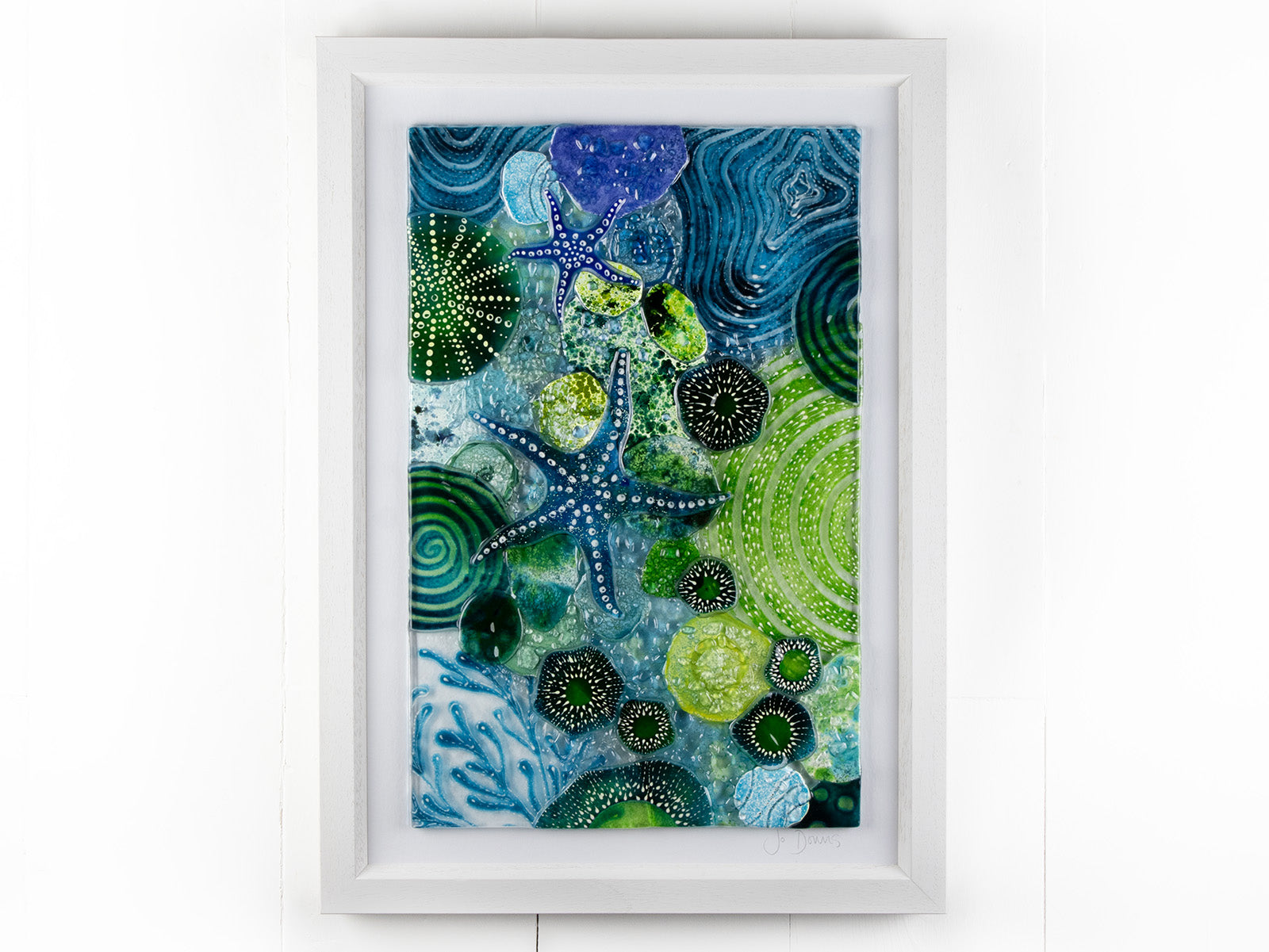 Intricate ocean reef inspired fused glass art frame. Bright ocean blue colours and handmade wall art. 