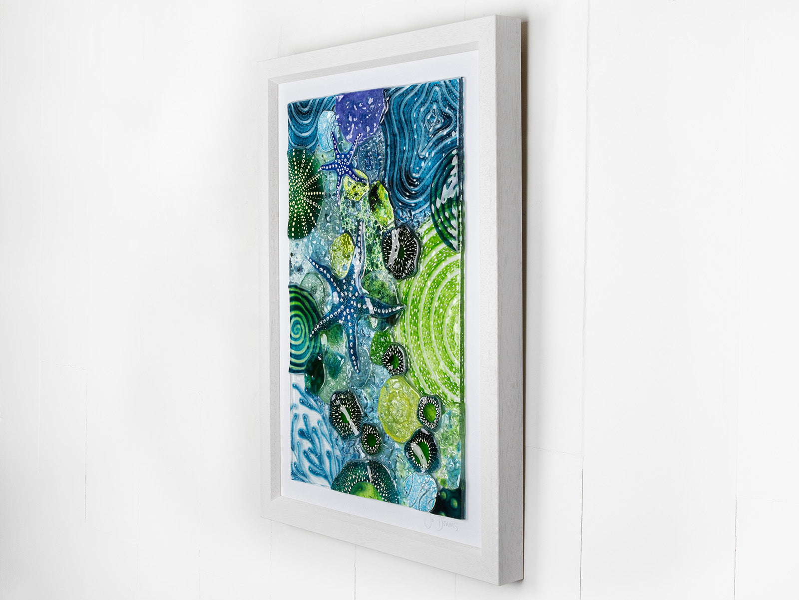 Intricate ocean reef inspired fused glass art frame. Bright ocean blue colours and handmade wall art. 