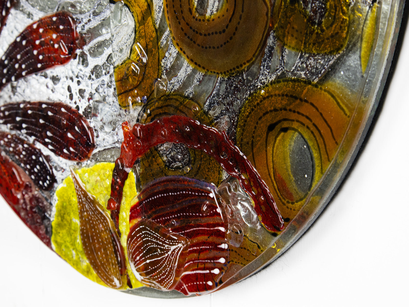 Fused glass round wall panel, made from fused glass, inspired by the autumnal country-side. Striking, handmade wall art with organic texture. 