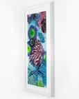 Fused glass art frame inspired by the ocean, created with texture and coastal colours with pink hues. A unique piece of wall art, handmade in Cornwall, Launceston. 