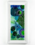 Fused glass art frame, inspired by the ocean with lots of texture and bright coastal colours. A unique piece of wall art, handmade in Cornwall, Launceston. 