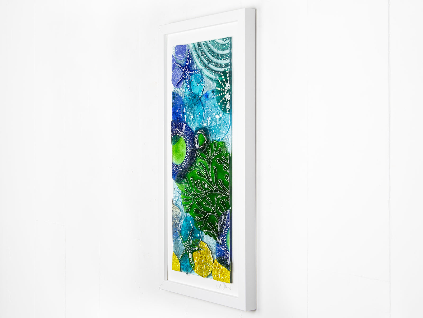 Fused glass art frame, inspired by the ocean with bright coastal colours. Beautiful wall art, hand-made in Cornwall, Launceston. 