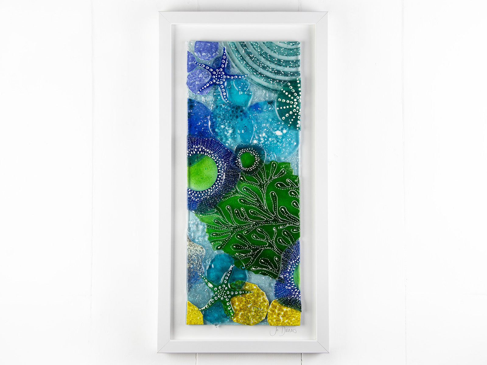 Fused glass art frame, inspired by the ocean with bright coastal colours. Beautiful wall art, hand-made in Cornwall, Launceston. 