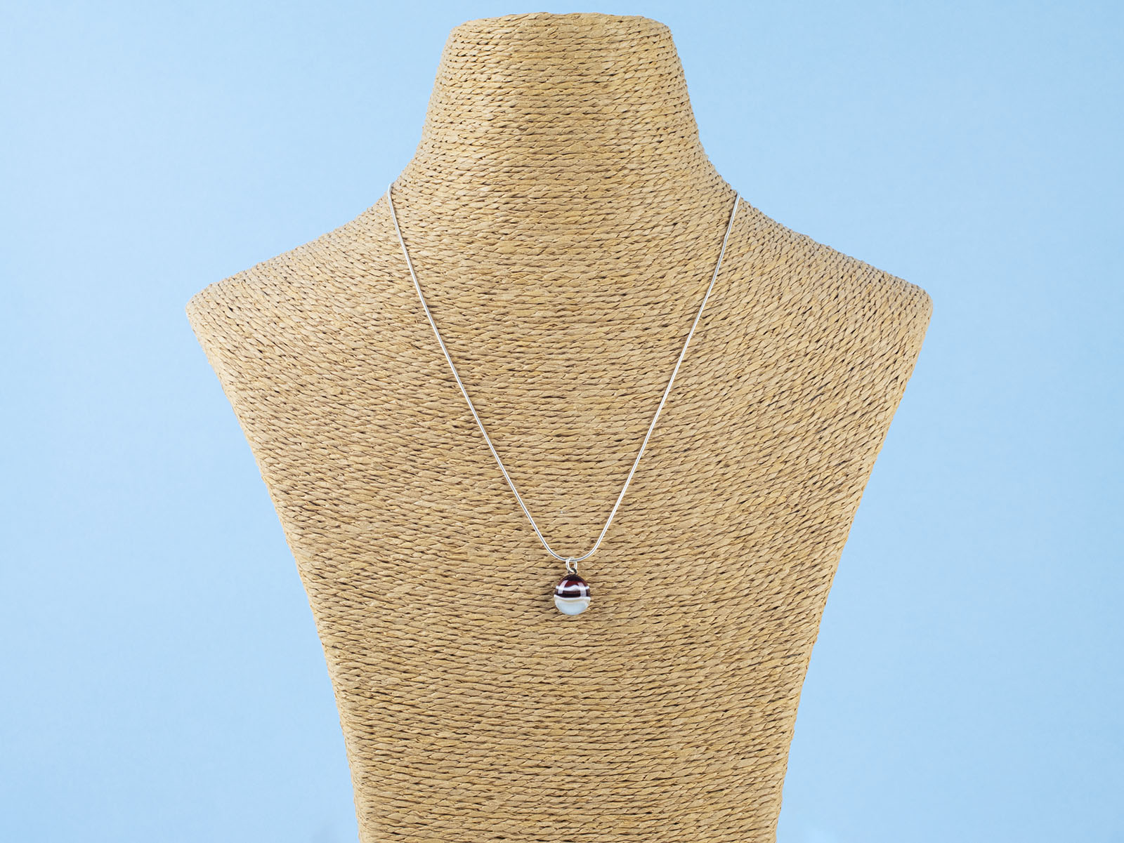 Fused glass pendant necklace, handmade with ruby red and marine blue colours. Stunning jewellery with sterling silver chain. 