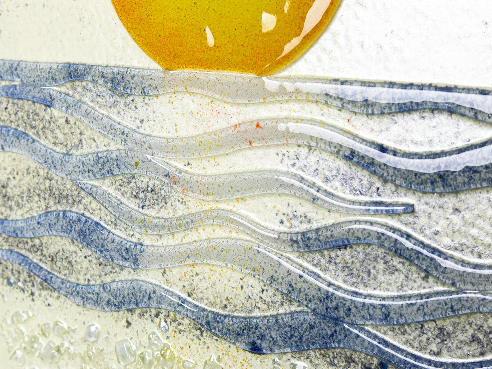 Fused glass large art frame inspired by a sunrise on the coast. Handmade wall art with textural detailing. 