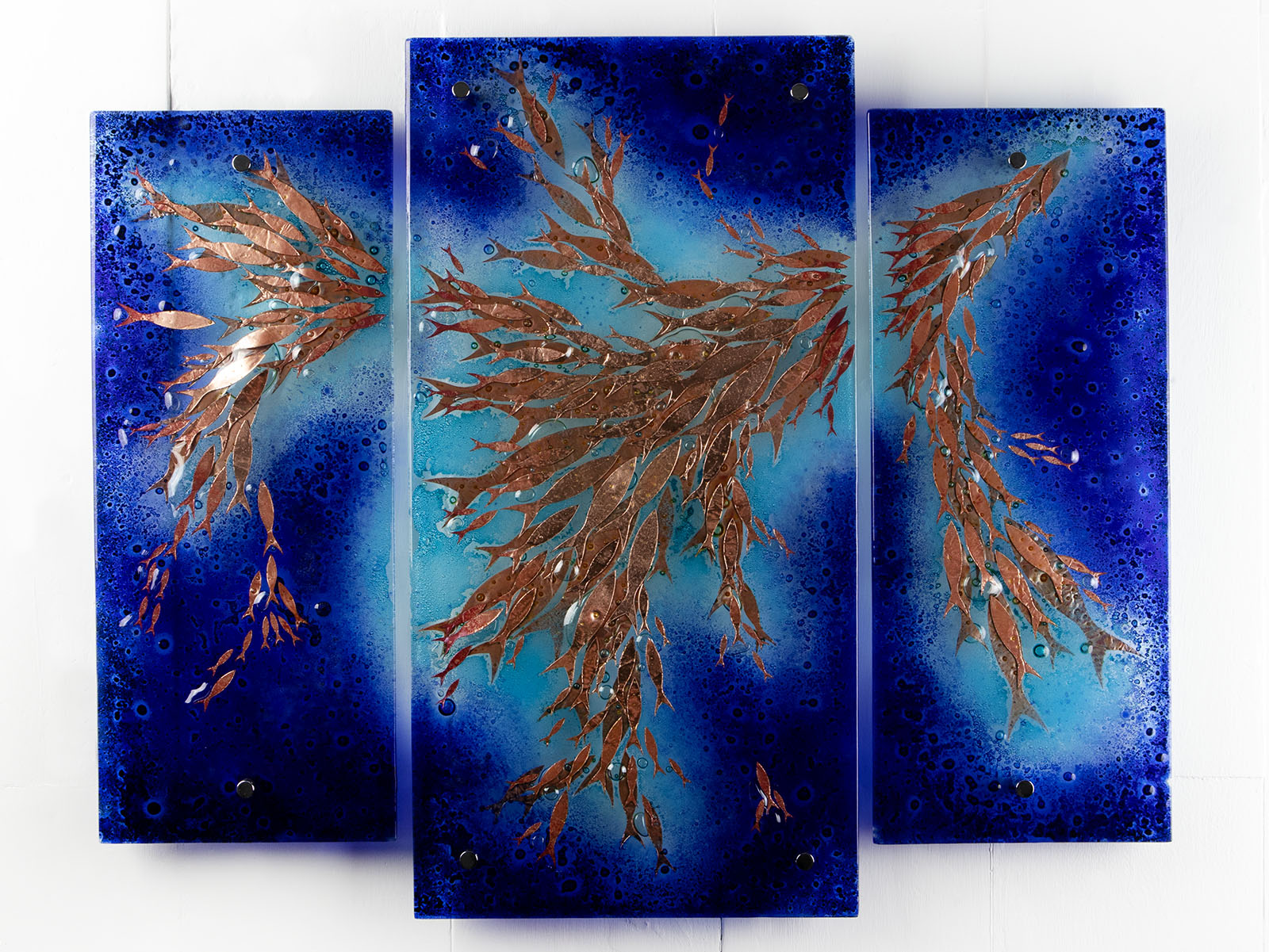 Artisan Swimming Fish Intricate Triptych - Atlantic Blue