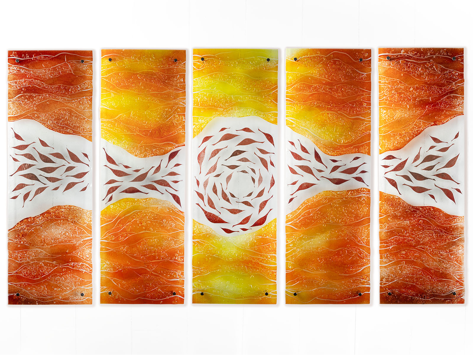Fused glass quintych inspired by the autumnal season with copper leaves and textured detail. 