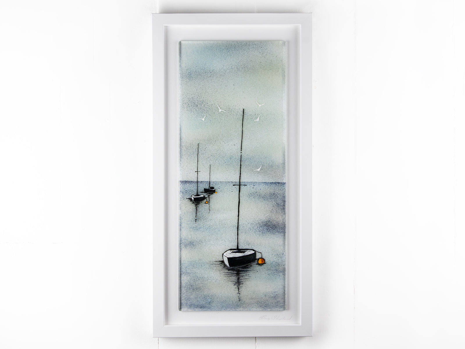 Fused glass oblong art frame with hand-painted sailboat design in a soft coastal colour-way. 