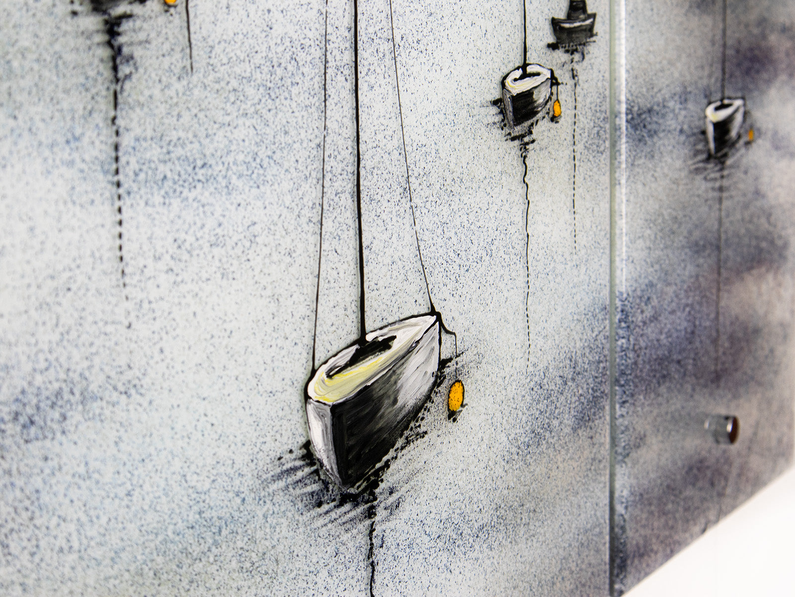 Painted close up on a fused glass staggered triptych featuring a hand-painted sailboat design in a soft and misty colour-way. 