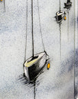 Painted close up on a fused glass staggered triptych featuring a hand-painted sailboat design in a soft and misty colour-way. 