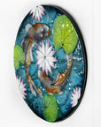 A fused glass round panel featuring hand-painted koi carp design with waterlilies and marine blue background. 