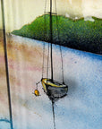 A close up of a fused glass triptych depicting a serene harbour scene with hand-painted sailboats on blue water under a pastel sky with hills in the distance.